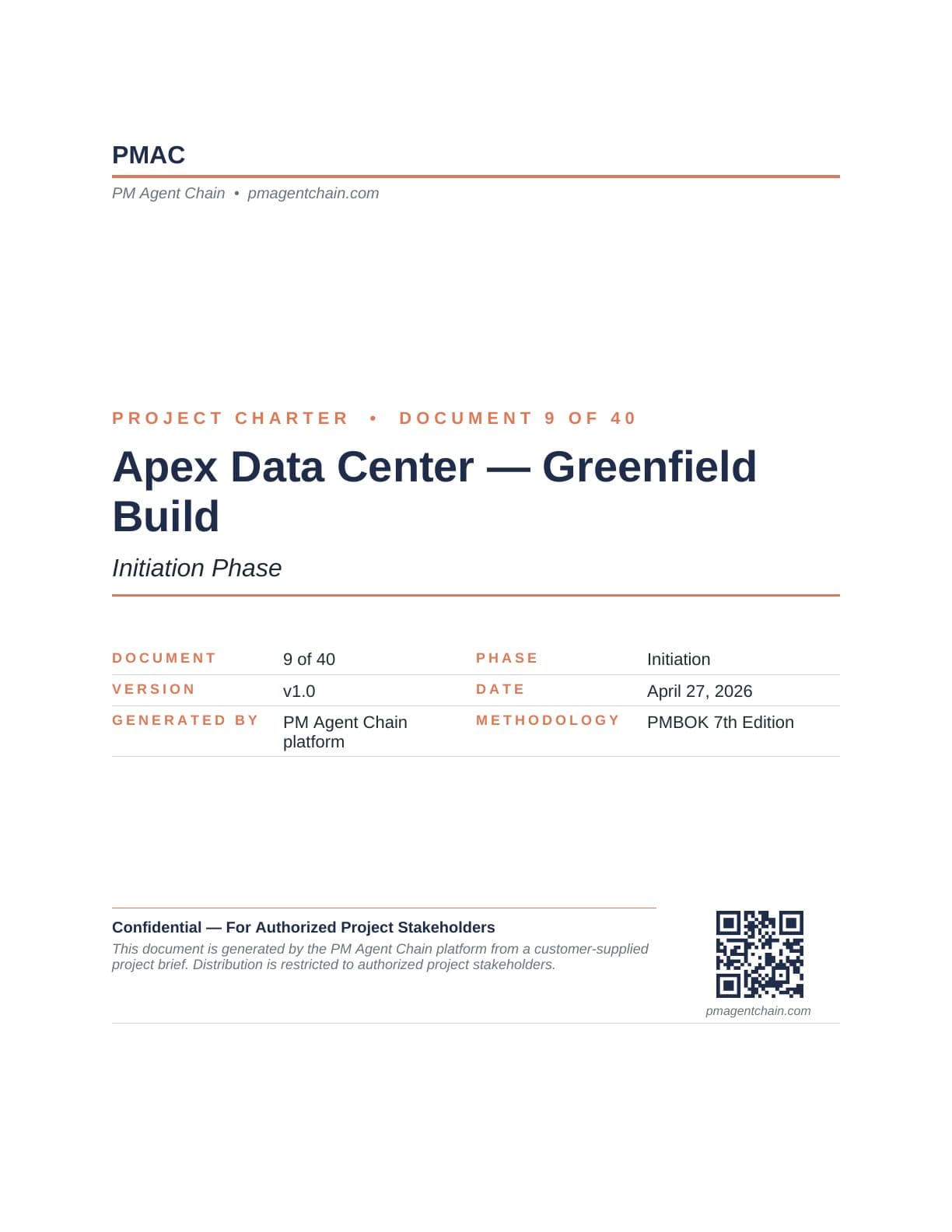 Project Charter cover: Apex Data Center Greenfield Build (PM Agent Chain sample artifact)